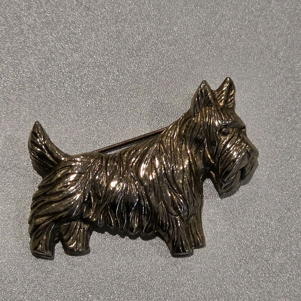 Mid Century Gold Tone Metal Dog Brooch Pin Detailed Shaggy Fur Figural